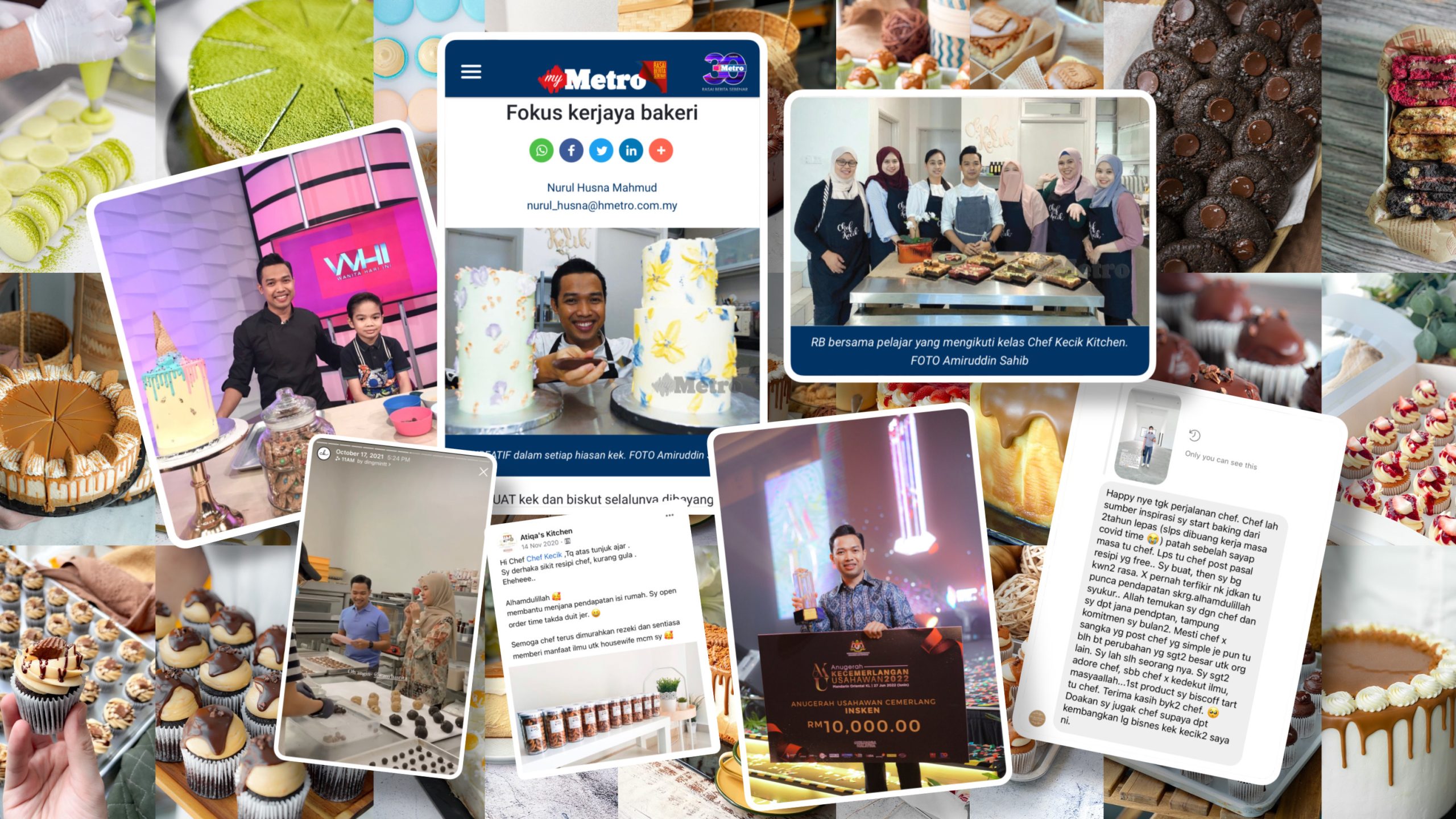 Gambar Chef Kecik menerima Anugerah Usahawan Cemerlang, gambar masuk akhbar Harian Metro, gambar beramai-ramai dengan student PJJ CK, testimoni, Wany Hasrita, TV3 dan produk CK.