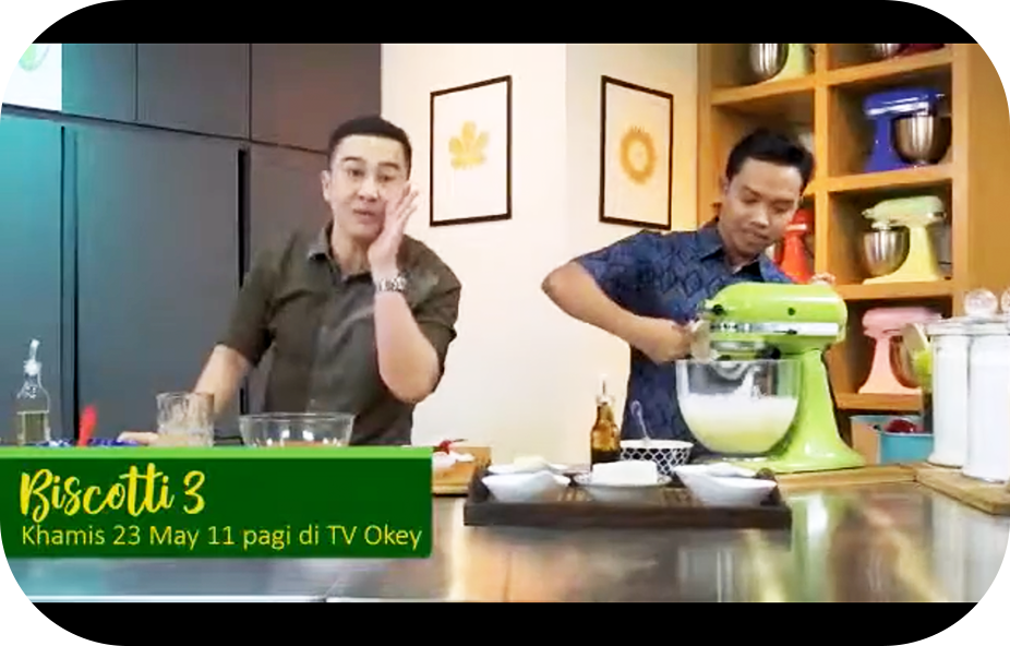 Chef Kecik with Chef Zam on a show named Biscotti 3 where Chef Kecik is demonstrating bakery products, preparation using stand mixer.