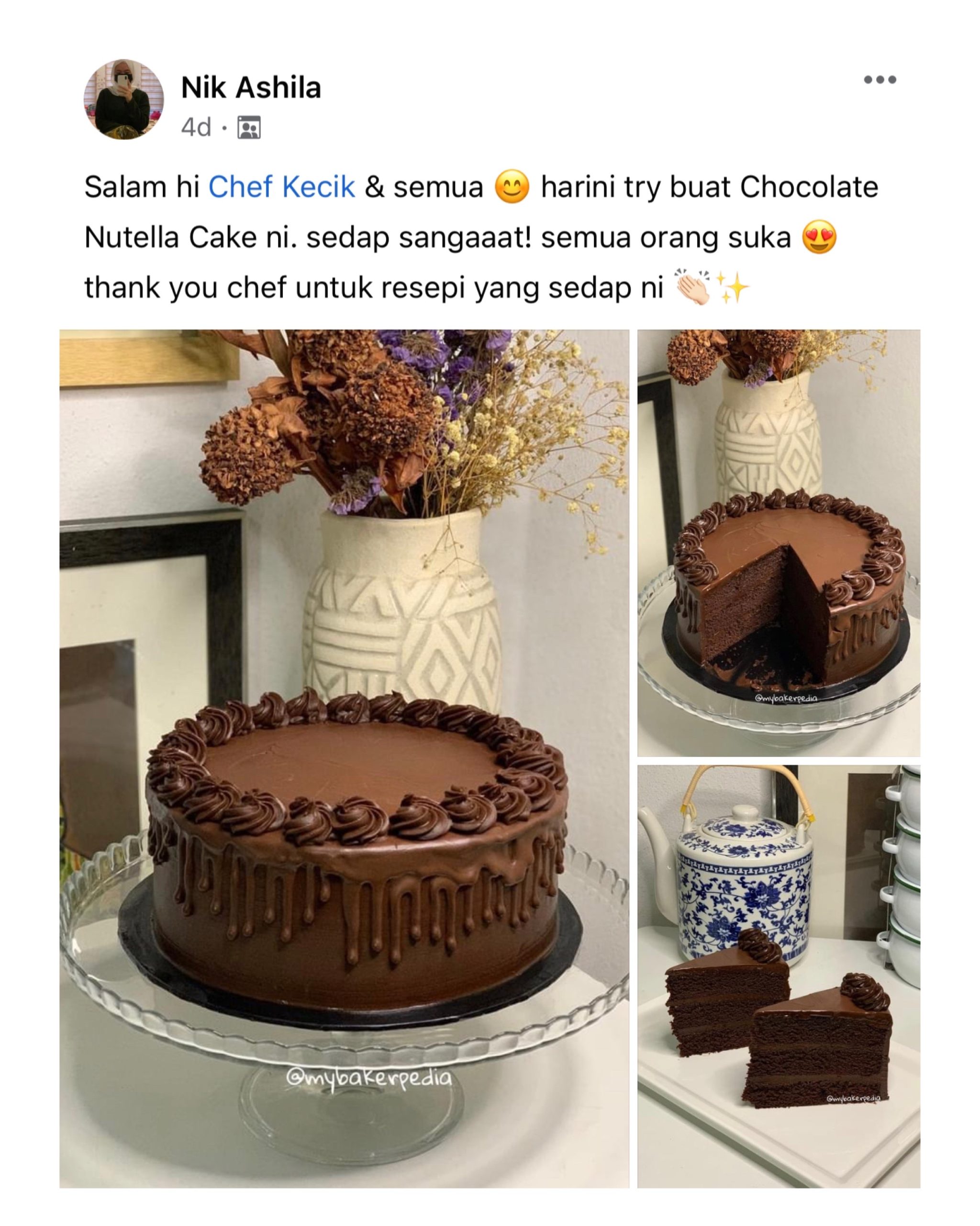 Testimoni daripada Nik Ashila berkenaan Chocolate Nutella Cake hasil daripada ajaran kelas online Chef Kecik